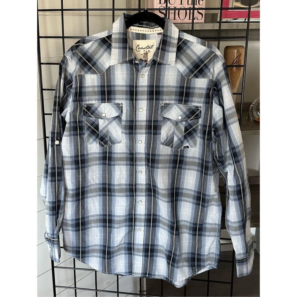 Vintage Coastal Mens‎ Large Plaid Long Slv Pearl Snap Button-Up Western Shirt
